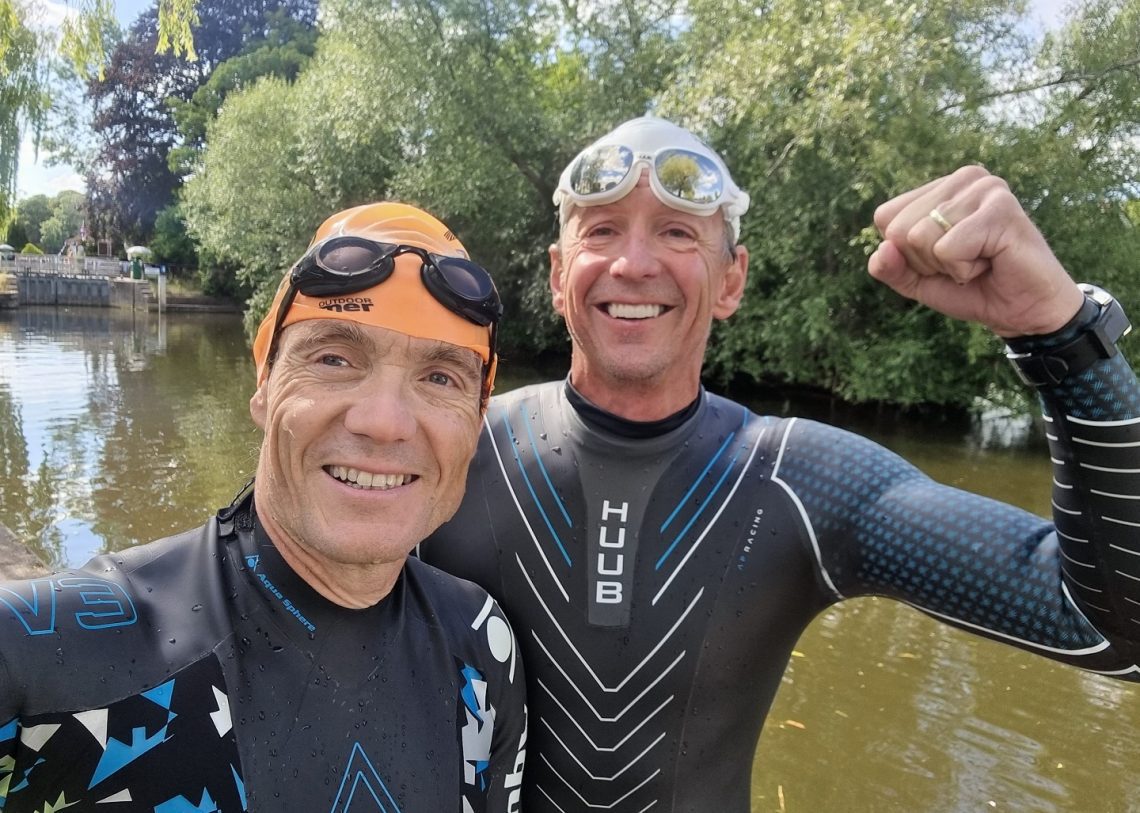 Greg Whyte (behind, in Huub wetsuit), same age as me, didn't let his age stop him from attempting a world record swim.