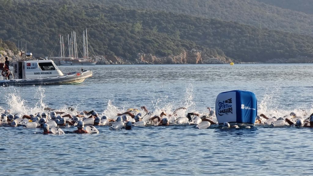 Swimmers starting a race (mass start in the water), swimming away from hte camera.