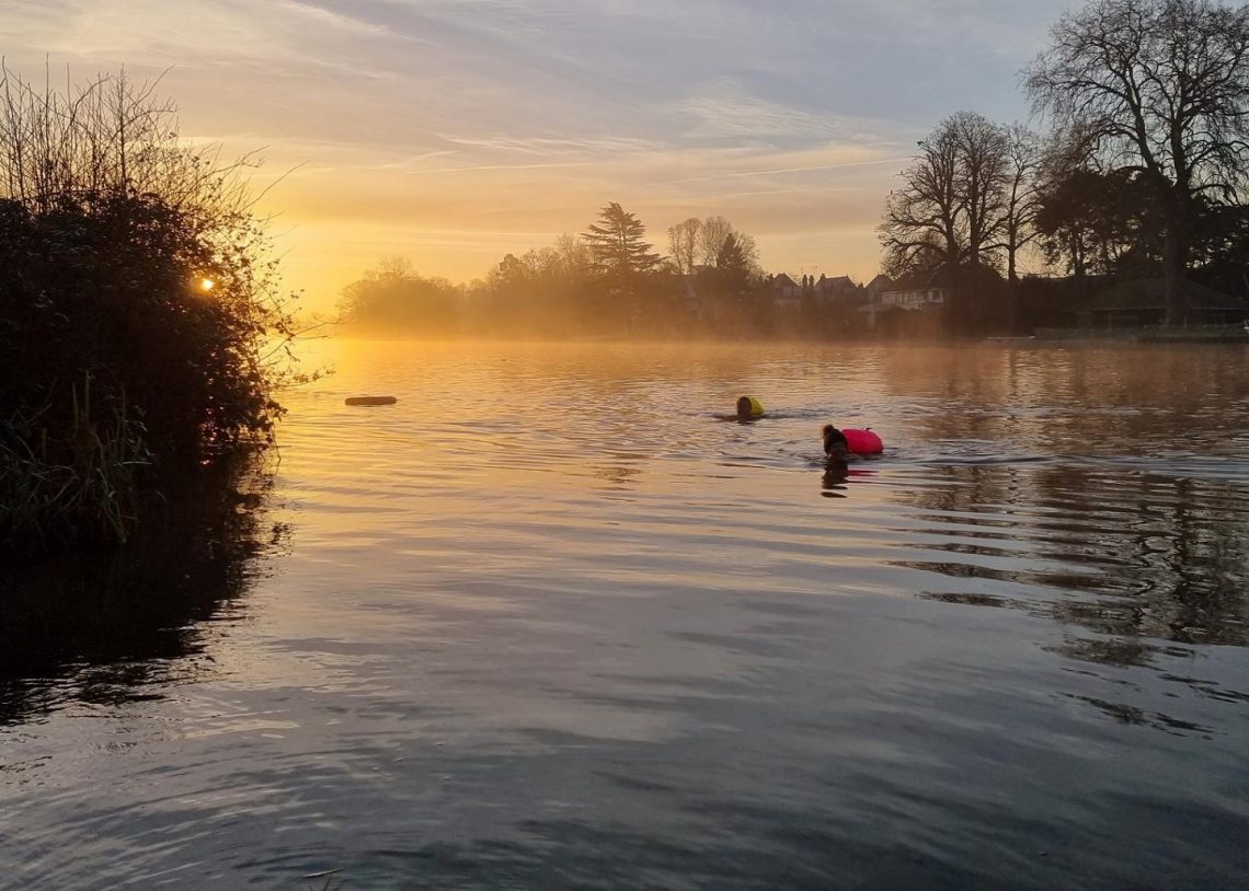 Two swimmers in the Thames at sunrise on a winter morning.