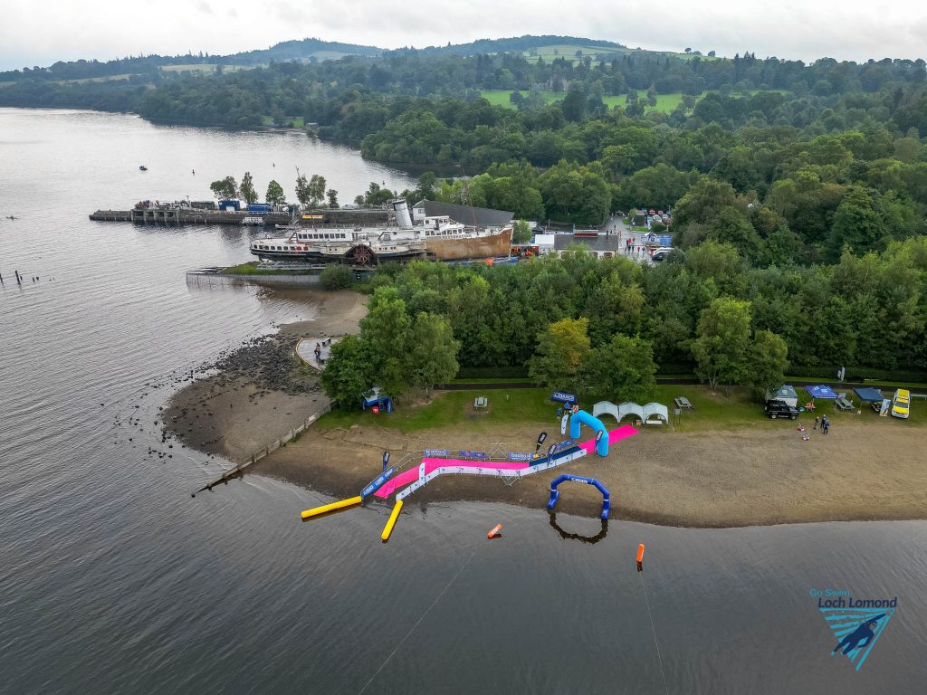Aerial view of the finish are at the Go Swim Loch Lomond event.