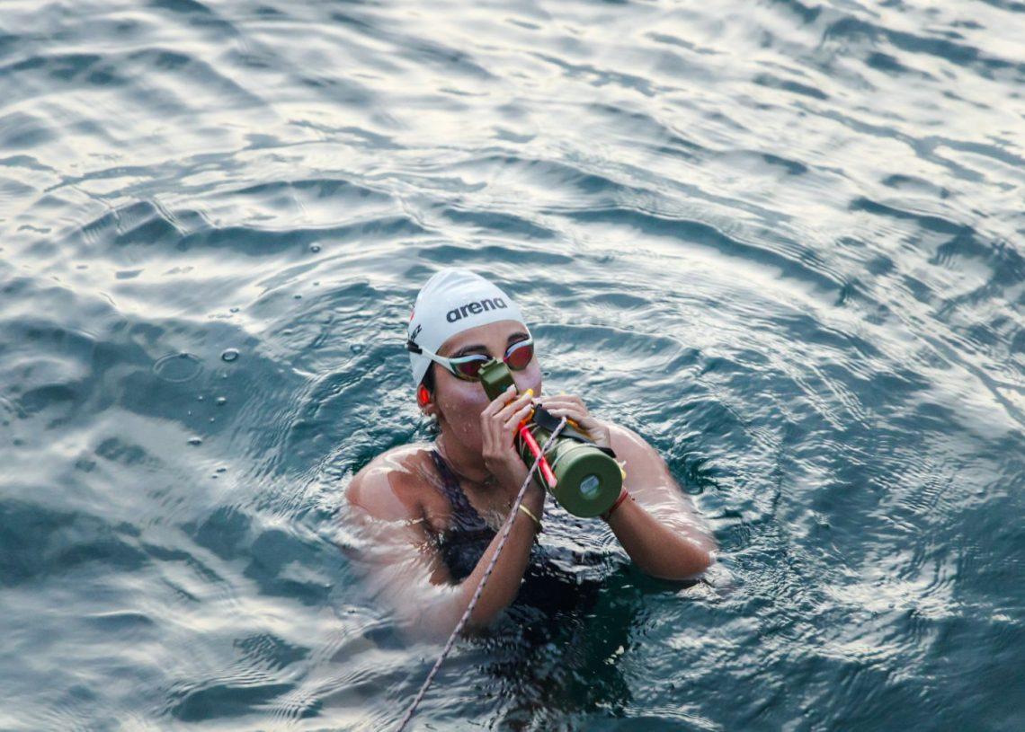 Barbara Hernandez drinking during her Channel swim