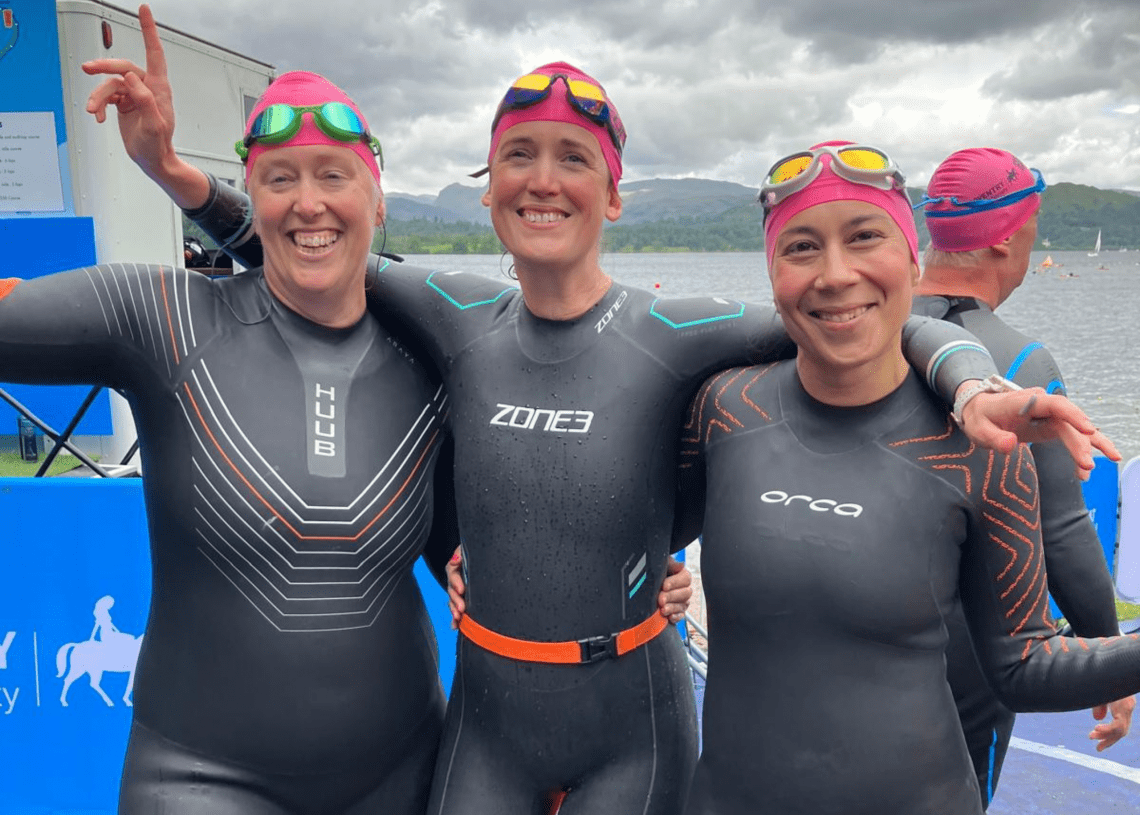 Swimmers preparing for the Great North Swim at Brockhole on Windermere