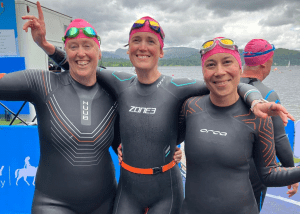Swimmers preparing for the Great North Swim at Brockhole on Windermere