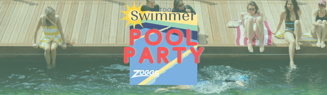 Outdoor Swimmer pool party at Eden Dock Canary Wharf featuring the open-air lido and surrounding skyscrapers.